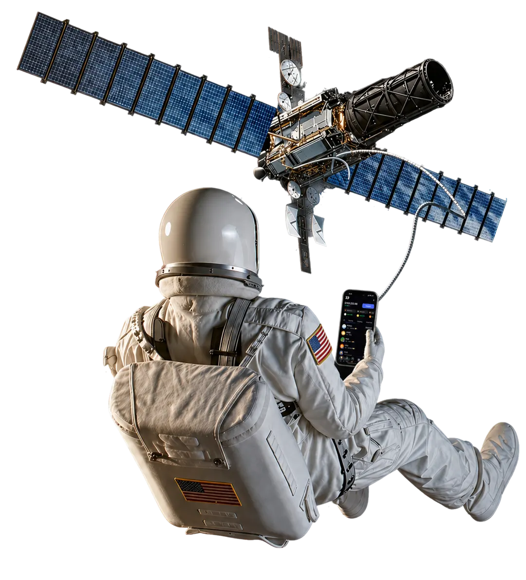 Astronaut floating in space, tethered to a laptop